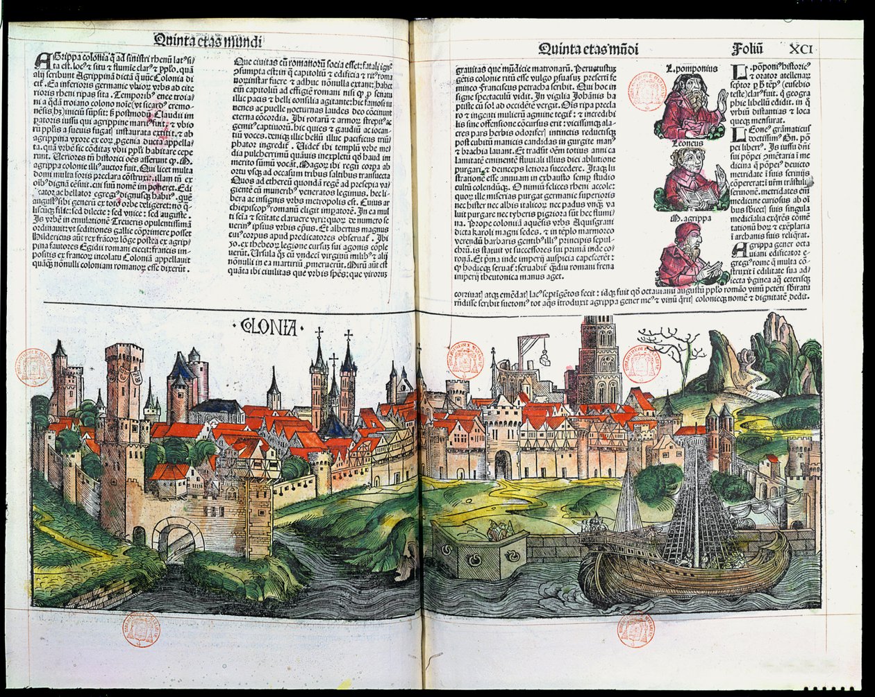 ケルンの町の眺め、ニュルンベルク年代記、ハルトマンシェデル作、1493年（色の木版画） 作： ドイツ語学校