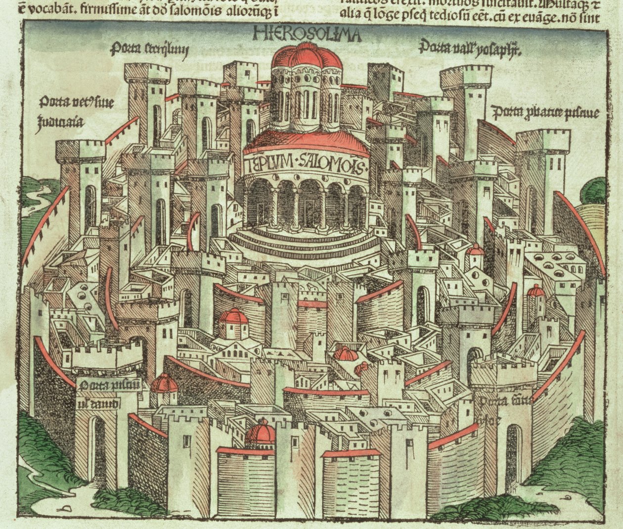 Hartmann Schedel（1440-1514）1493によるニュルンベルク年代記からのソロモンの神殿と城門を示すエルサレムの城壁に囲まれた都市の眺め 作： ドイツ語学校