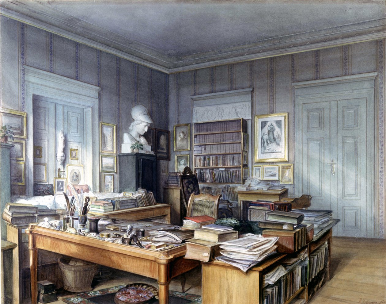 ウィルヘルム・グリム（1786-1859）のベルリンの仕事場、リンクシュトラーセ7番地。ホフマン氏が描いたもの。ニュルンベルクの国立博物館。1860. 作： ドイツ語学校