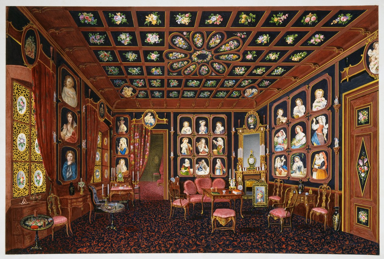 ハプスブルク家マクシミリアン (1832-1867) のトリエステ邸、ヴィラ ラザロヴィチの会話サロン、ゲルマーノ プロスドミ作のテンペラ 作： ゲルマノプロスドシミ