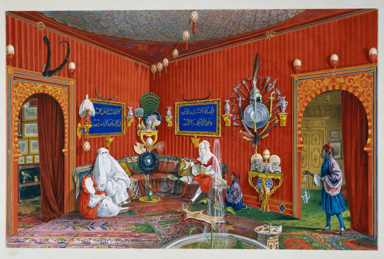 ハプスブルク家マクシミリアン (1832-1867) のトリエステ邸、ヴィラ ラザロヴィチのオリエンタル ルーム、ゲルマーノ プロスドミ作のテンペラ 作： ゲルマノプロスドシミ
