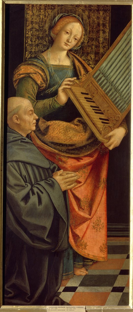 ローマの聖セシリア (3 世紀) (Saint Cecilia)。 オルガンを持ち、その足元には修道士がひざまずいて祈りを捧げています。 Gerolamo Giovenone (1490-1555) による絵画、木にテンペラ、1530 年以降。イタリア美術 (ミラノ) 作： ジェロラモ・ジョベノン