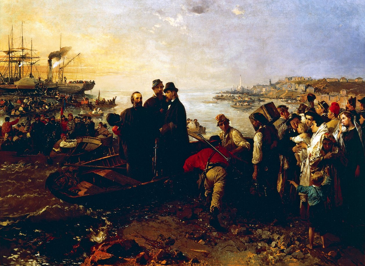 1860年頃、クアルトでの千人の搭乗、ジェロラモ・インドゥーノ（1825-1890）作、キャンバスに油彩 作： ジェロラモ・インドゥーノ