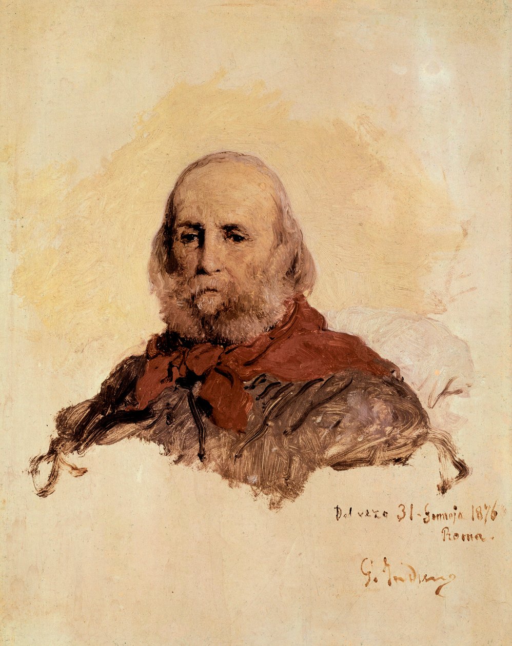 イタリアの団結: ジュゼッペ ガリバルディ (1807-1882)、イタリアの愛国者の肖像。 Gerolamo (Girolamo) Induno (1825-1890) の作品 作： ジェロラモ・インドゥーノ