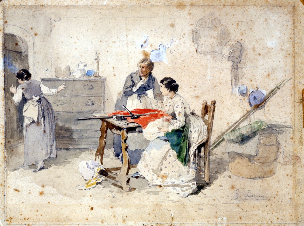 ミラノの女性たちは、イタリアの三色旗を作ります。 Gerolamo (Girolamo) Induno (1825 - 1890) による水彩画。 ミラノ、リソルジメント美術館。 作： ジェロラモ・インドゥーノ