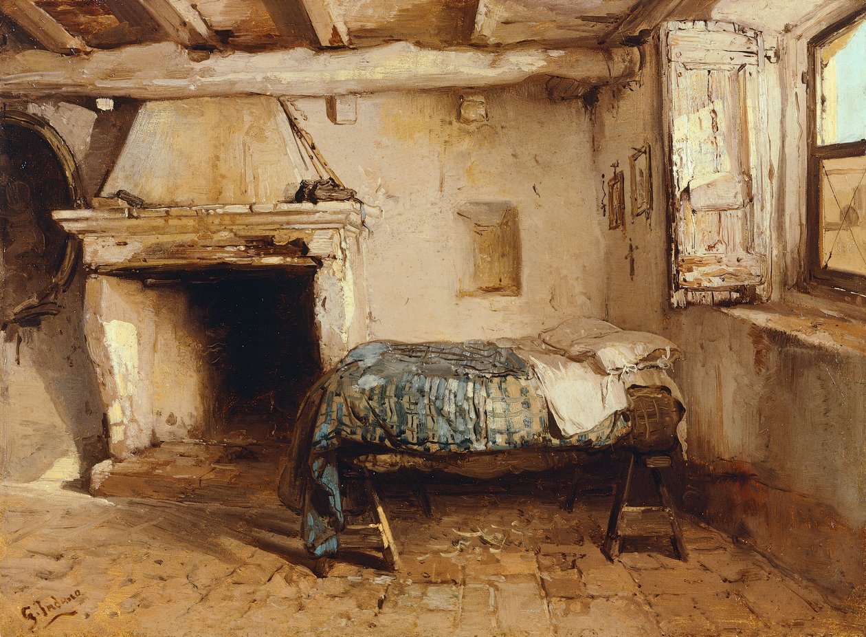 素朴なインテリア、Gerolamo Induno (1825-1890) 作、木に油彩、27.5 x 37.7 cm。 作： ジェロラモ・インドゥーノ