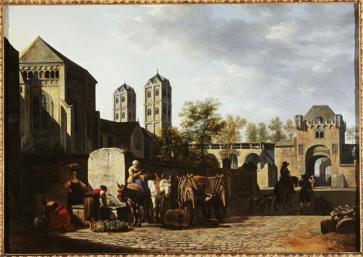 ケルンの公共の噴水と聖ゲレオン教会、1670年頃（木に油彩） 作： ゲリット・アドリアエンス・ベルケイデ