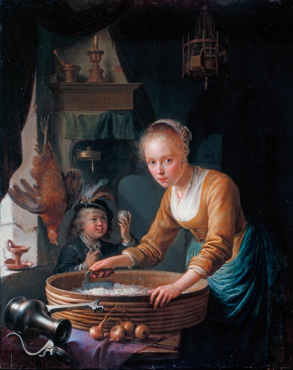 フランス語：Jeune fille hachant des oignons 玉ねぎを切る少女 作： ゲリット・ドゥ