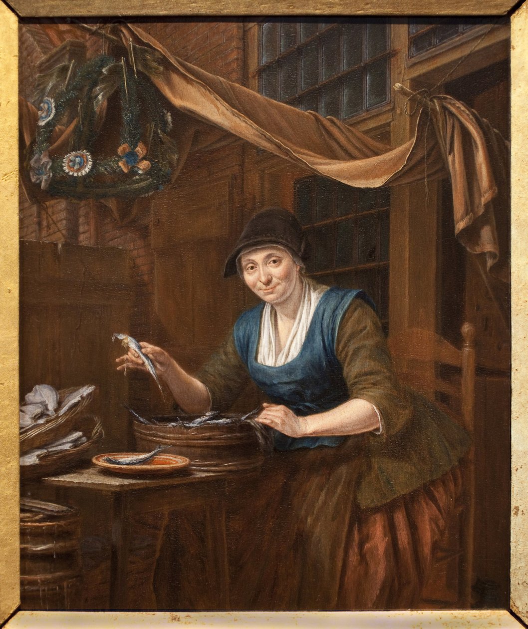 魚屋。 Gerrit Zegelaar (1719-1794) による絵画、木に油彩、18 世紀半ば。 アンジェの美術館。 作： Gerrit Zegelar