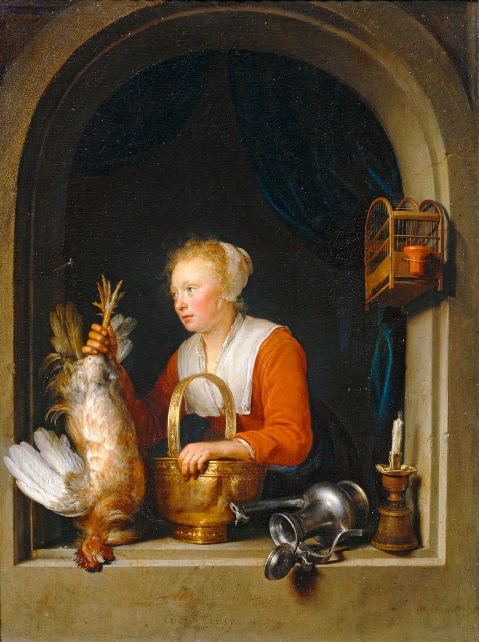 Femme accrochant un coq à sa fenetre, dit aussi La Menagère hollandaise - ウインローに雄鶏を吊るす女、オランダの主婦とも呼ばれる。 作： GerritまたはGerardDou