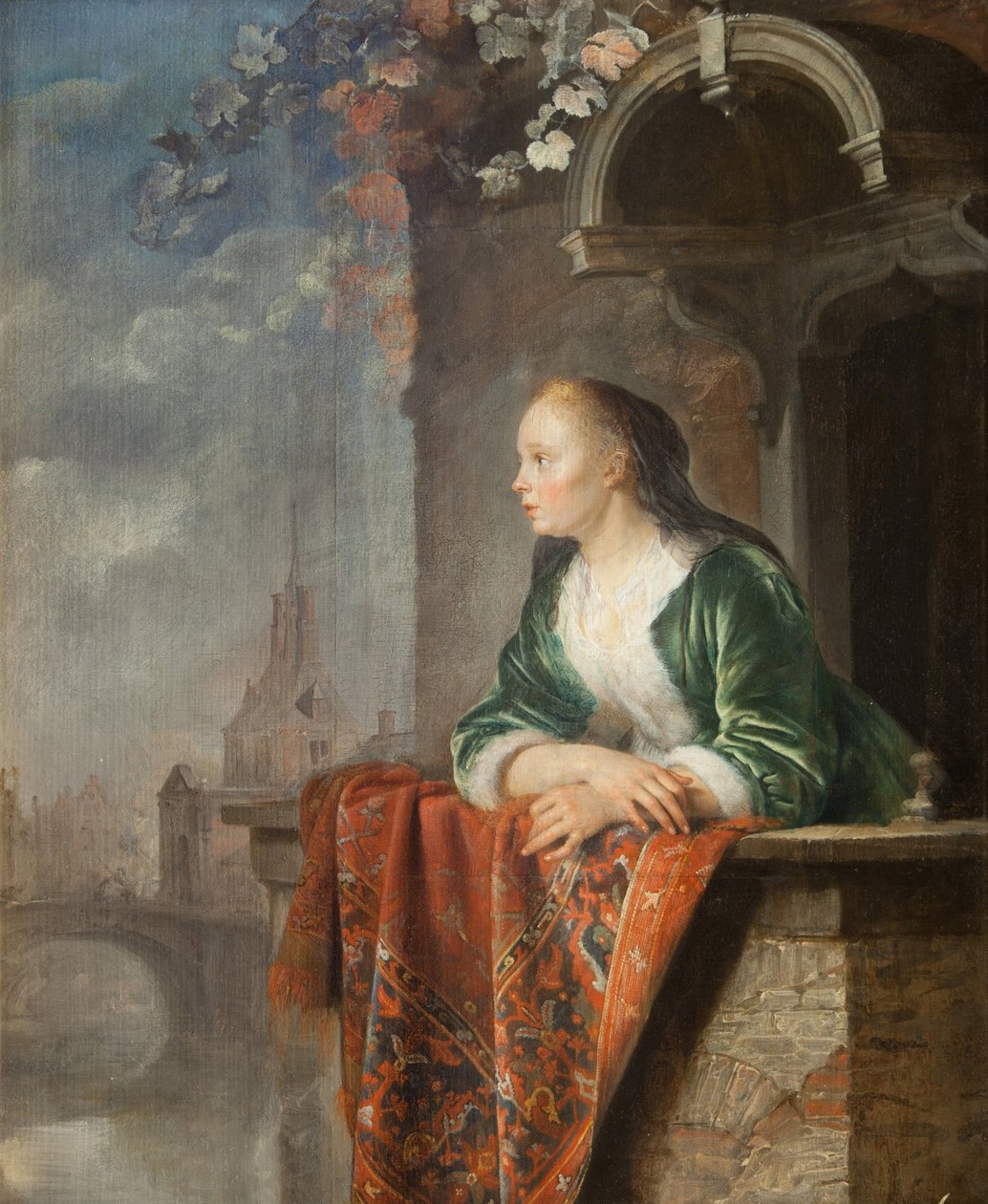 Jeune femme sur un balcon - バルコニーにいる若い女性 - Gerard (Gerrit) Dou (1613-1675).キャンバスに油彩、1665年頃プラハ、ナショナル・ギャラリー 作： ゲリット・ドゥ