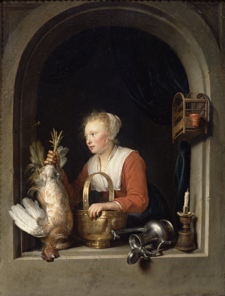 オランダの主婦、または窓に鳥を吊るす女、1650 作： ゲリット・ドゥ