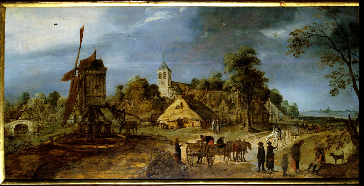 村の通り 水車のあるオランダの田舎の風景。Gerrit Van Honthorst (1590-1656) の絵画 17世紀。リオン、フランシスク・マンデ博物館 作： ゲリット・ファン・ホンソースト