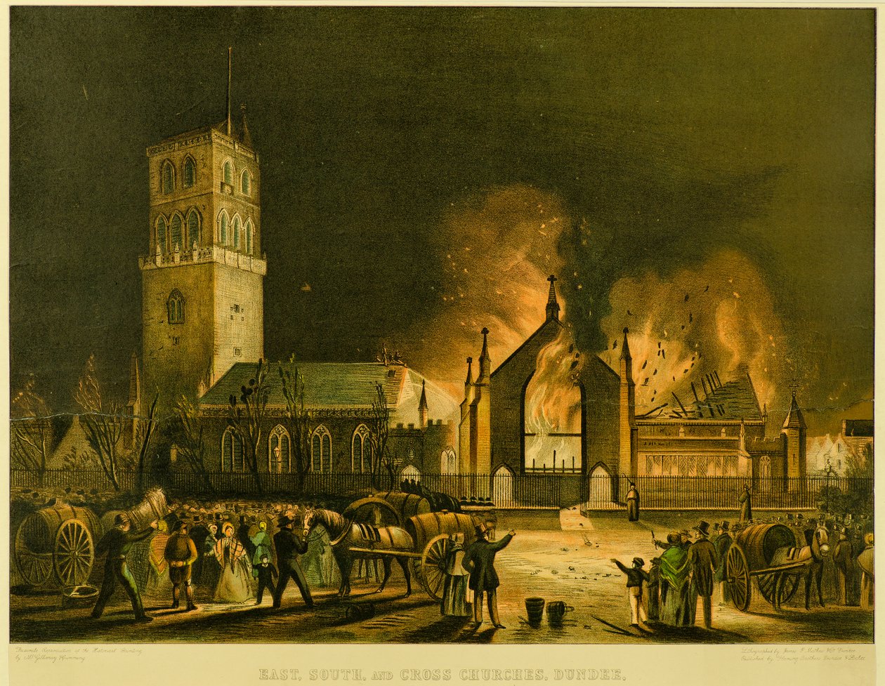 East, South and Cross Churches, Dundee [1841 年 1 月 3 日日曜日の朝、Fire に登場] (George McGillivray にちなんで)、1841 年頃 (リトグラフ) 作： Gershom Gourlay Cumming