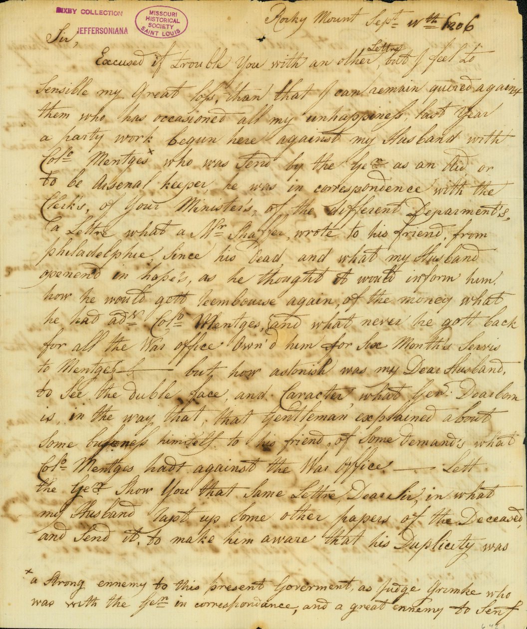 1806年9月11日、ロッキー・マウントのGertrude Joan SenfからThomas Jeffersonへの署名入り手紙 作： ガートルードジョアンマスタード