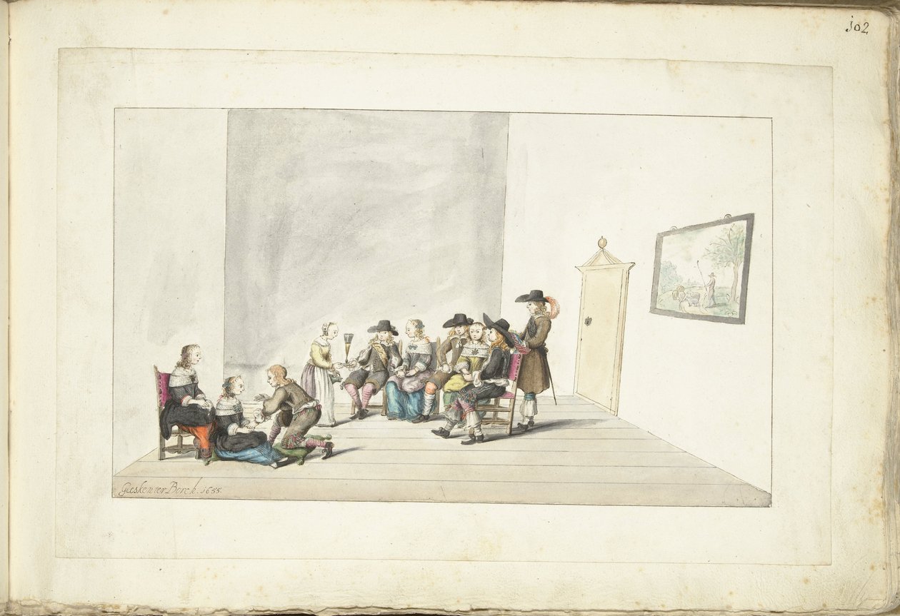 インテリアの 10 人の若者の会社 作： Gesina ter Borch（アーティストによる署名）