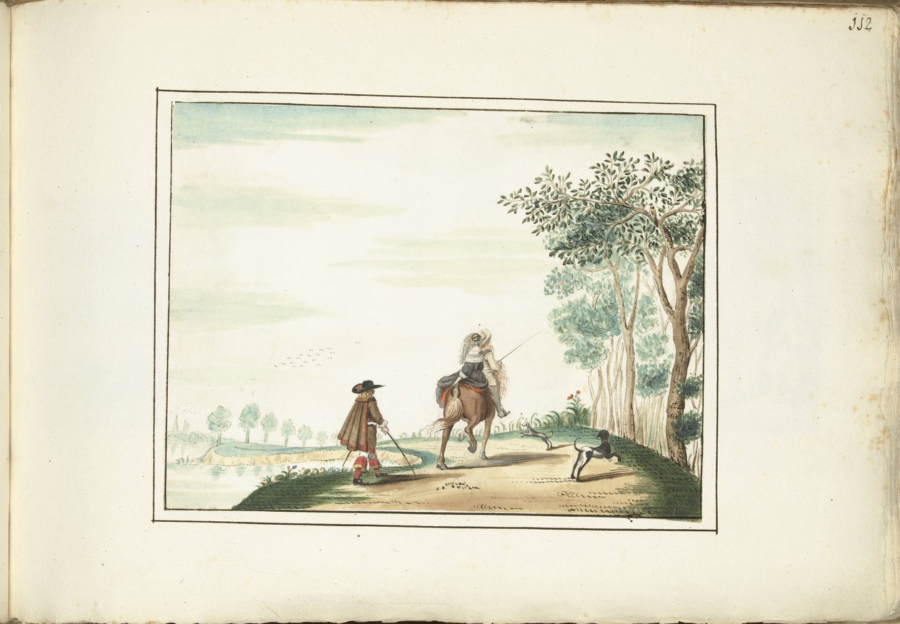 馬に乗った紳士と女性、風景の中の歩行者 作： Gesina ter Borch（アーティストによる署名）