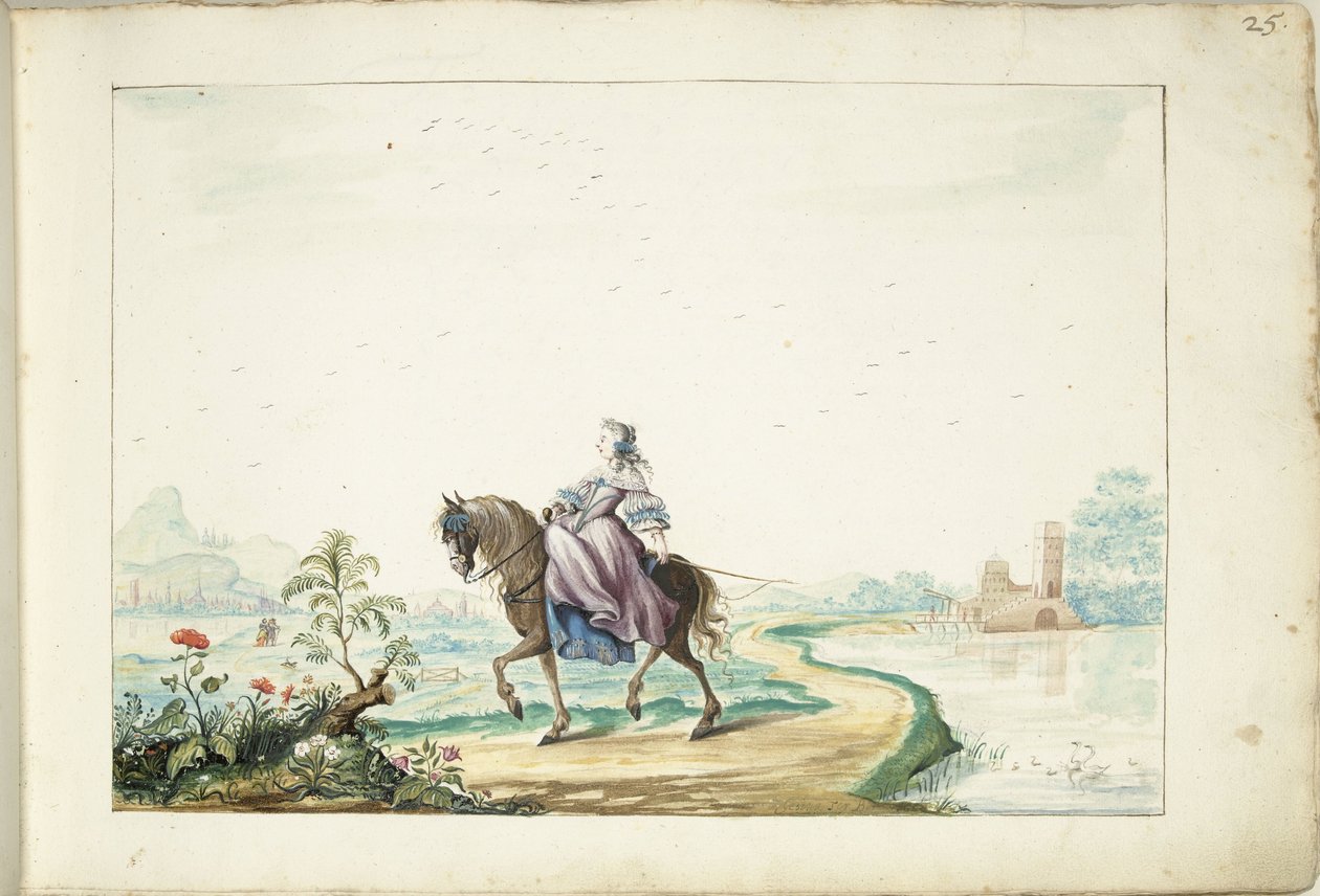 風景の中で馬に乗った女性 作： Gesina ter Borch（アーティストによる署名）