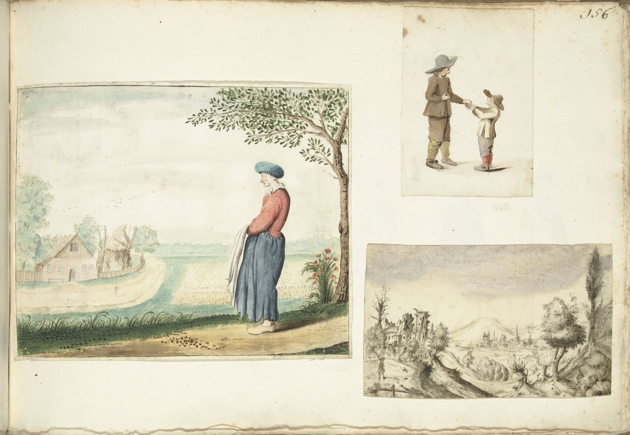 農夫の妻、リンゴを持った少年たち、丘陵の風景 作： Gesina ter Borch