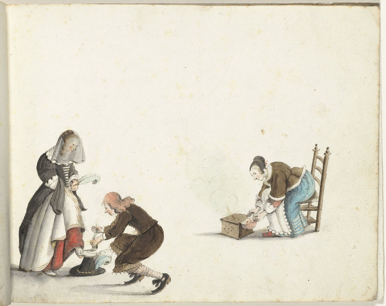 主は女性の靴を結び、女性はストーブに火を入れる 作： Gesina ter Borch