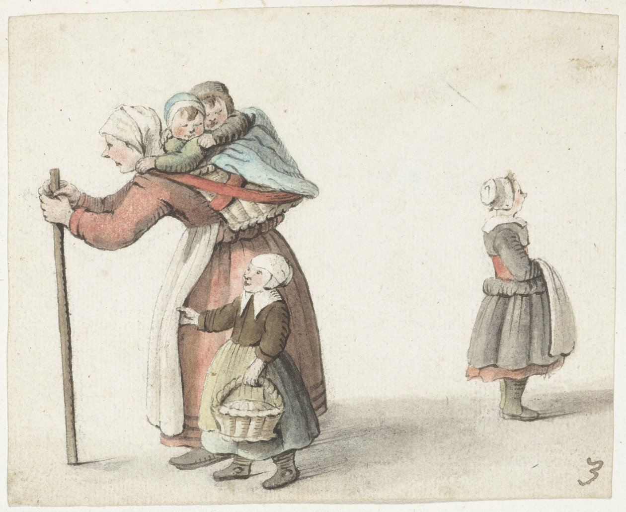 キャリング バスケットに 2 人の子供を持つ女性 作： Gesina ter Borch