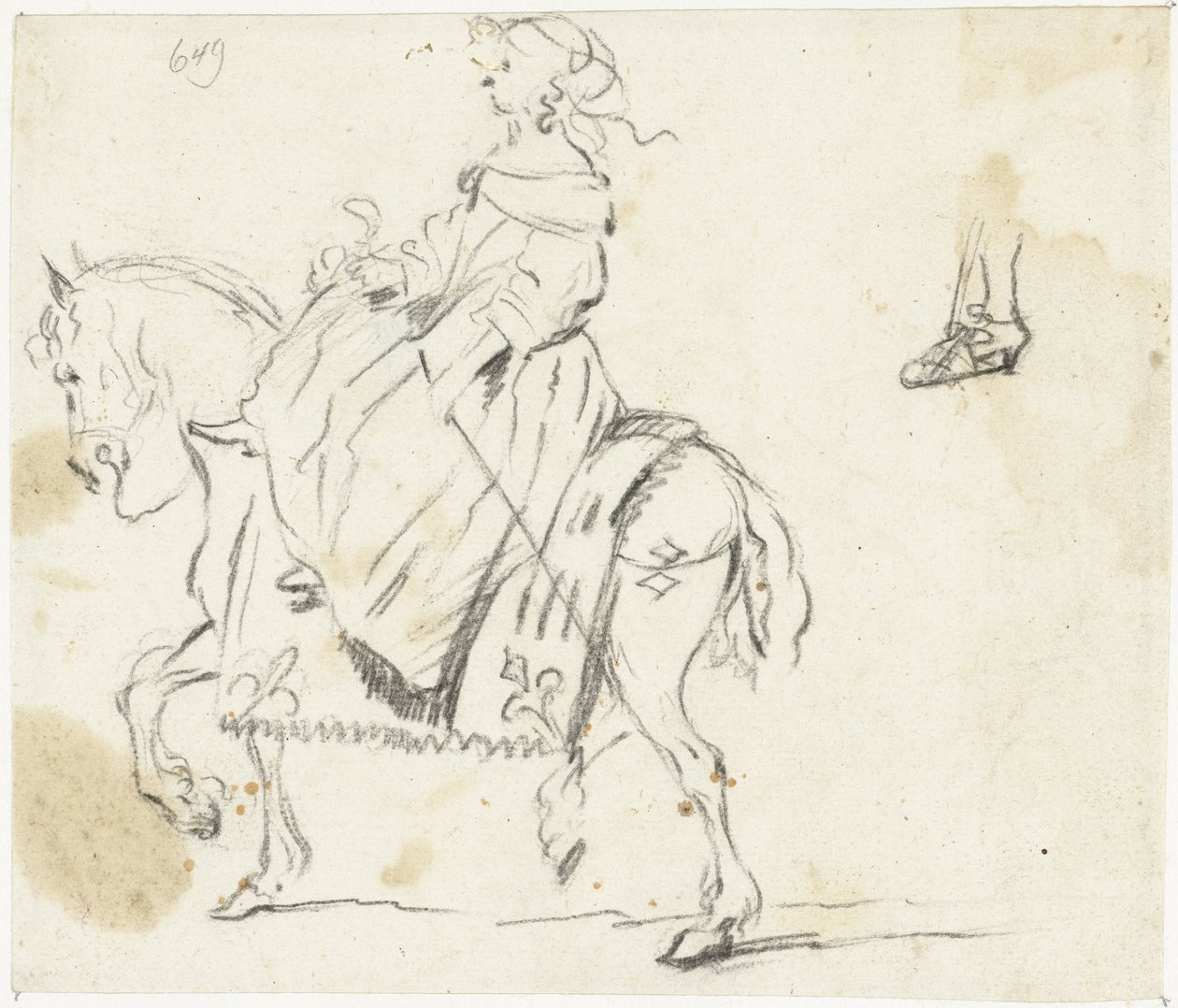 横から見た馬に乗った女性、下肢と足のスケッチ 作： Gesina ter Borch