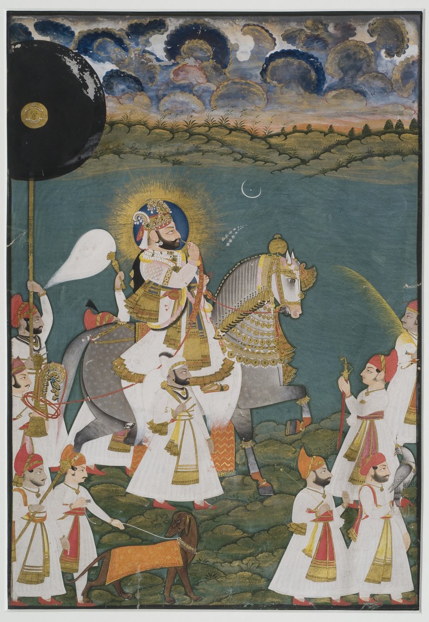 1820年乗務員が同行した馬に乗ったウダイプール（1778-1828）のマハラナビムシンの肖像（紙にグワッシュ、金で触れた） 作： ガシガシ