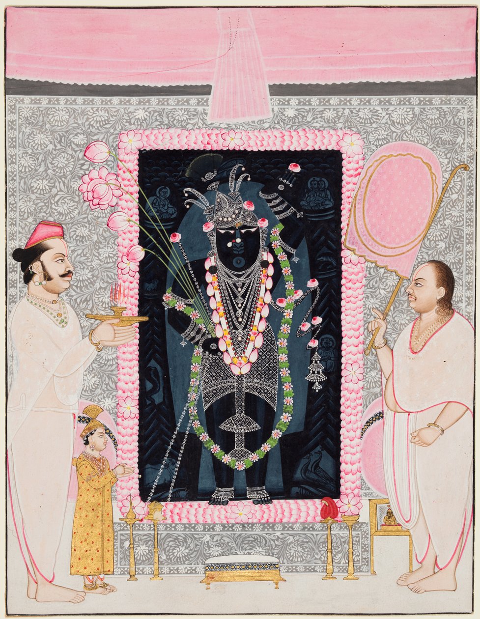 祭司長のTilakayat Govardhanlaljiが祝賀のためにShri Nathjiに供物を捧げる..., 1890年頃 作： Ghasiram Hardev Sharma