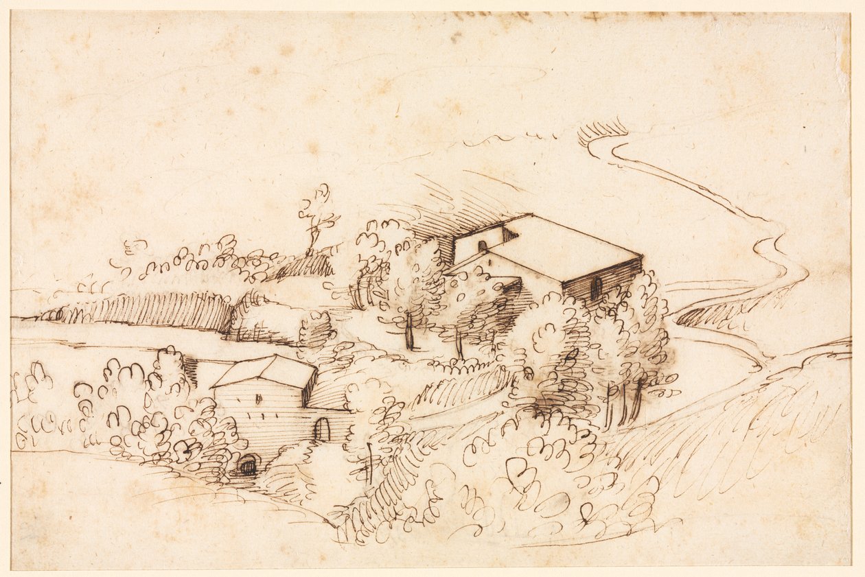 丘陵風景の中の木のある農場 (裏面) 作： ゲラルド・チボ