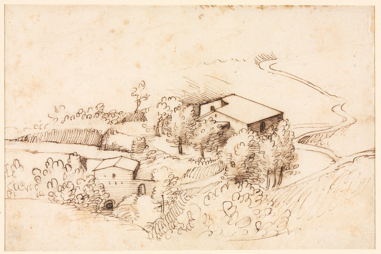 丘陵風景の中の木のある農場 verso、1567 年。 作： ゲラルド・チボ