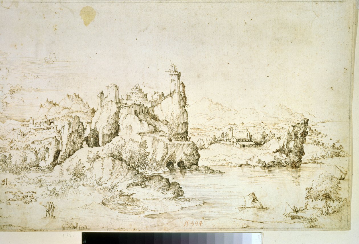 ""Un chateau perche sur une montagne" (山の景色の岩の上の城) Gherardo Cibo (1512-1600) による茶色のインクでの描画 1540 プーシキン美術館、モスクワ 作： ゲラルド・チボ