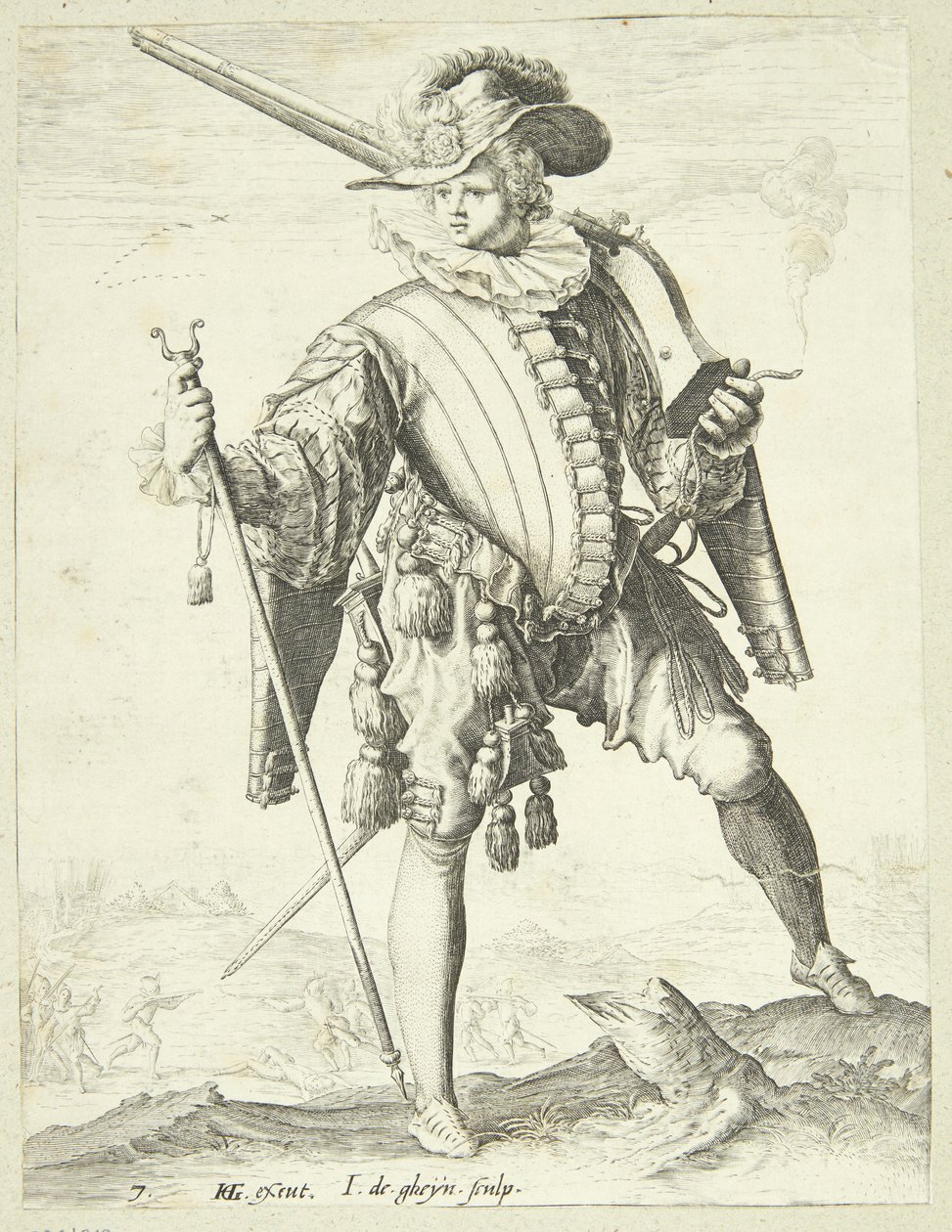 あごひもをつけた兵士（arquebus） 作： Gheyn、Jacques II de
