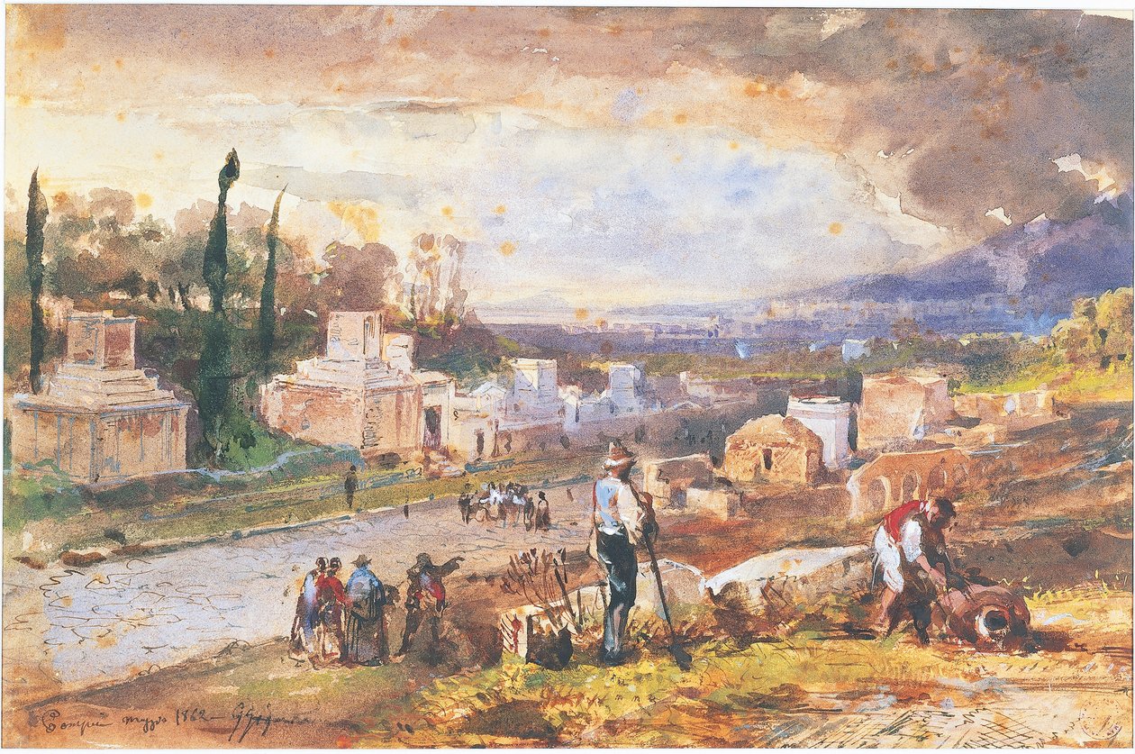 イタリア、ポンペイ、墓の通り 1862（水彩画 作： ジャシント・ギガンテ