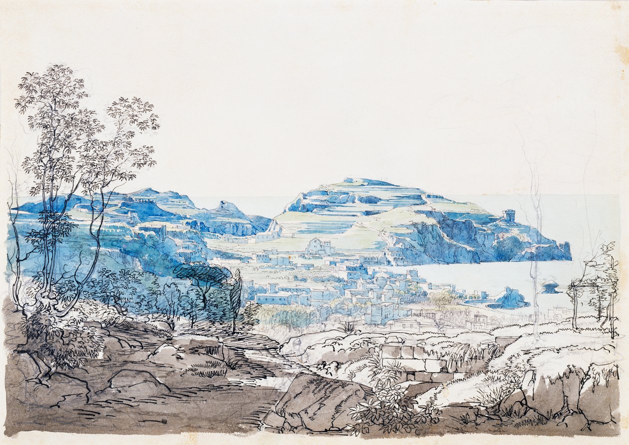 イスキア島の眺め（ラッコ・アメーノ）1845年頃（鉛筆、ペン、水彩画 作： ジャシント・ギガンテ