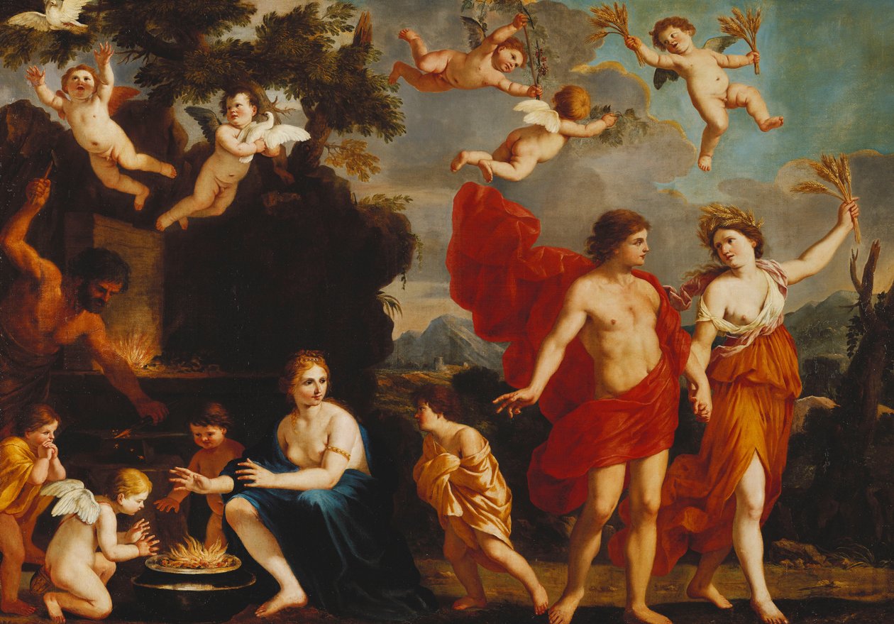 ワインなし、バッカス、ビーナス、セレス。 作： Giacinto GimignaniまたはGemignano