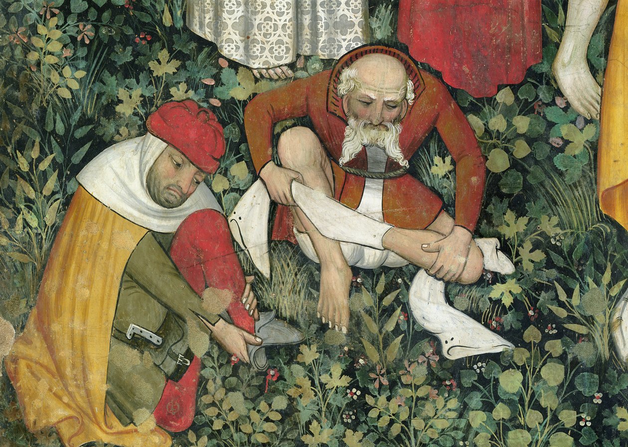 生命の泉、脱衣した老人の詳細、1418-30年のフレスコ画 作： ジャコモ・ジャケリオ