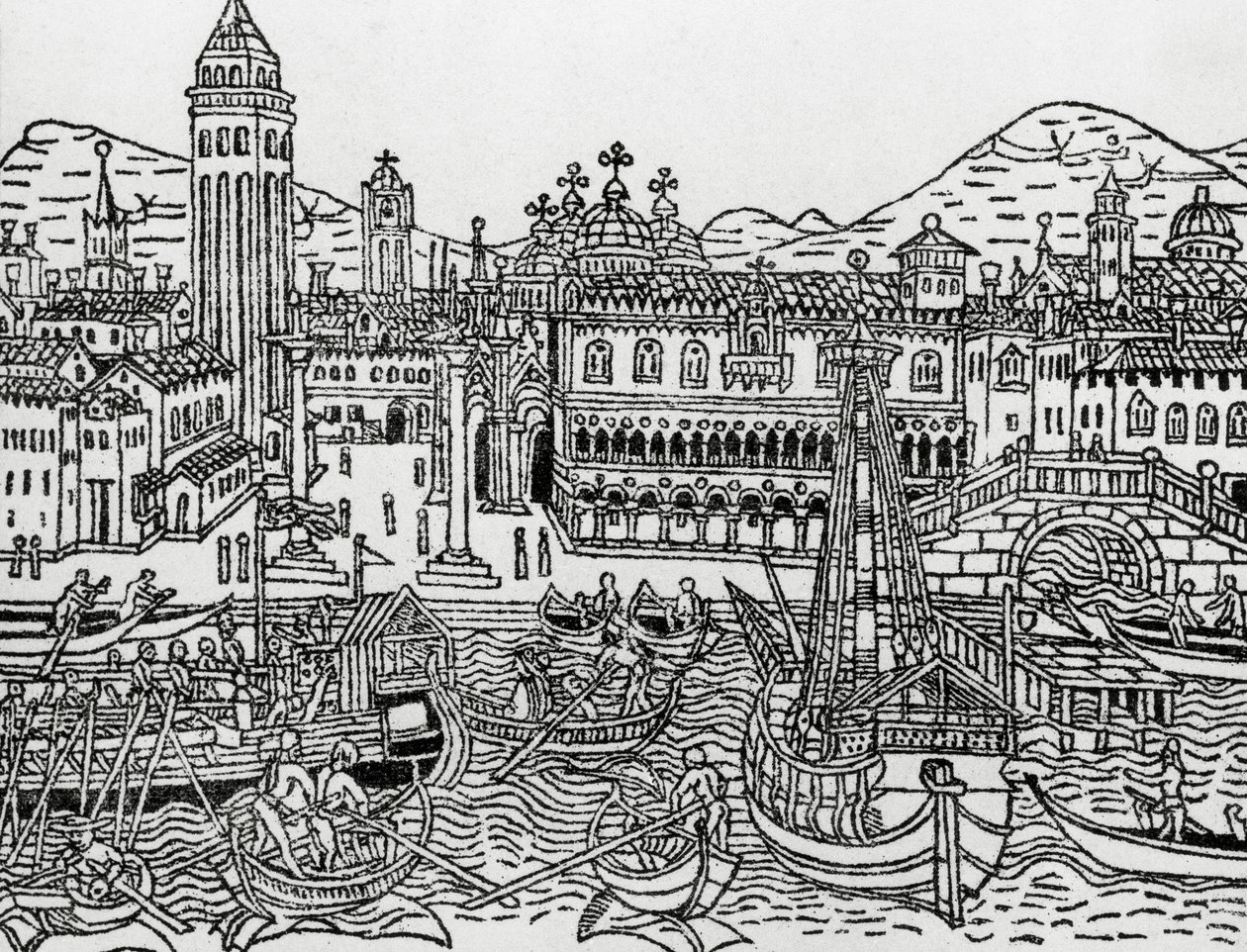 15世紀のイタリアのヴェネツィアの眺め、木版画、ジャコモ・フィリッポ・フォレスティ（1434-1520）作「Supplementumchronarum」より 作： ジャコモフィリッポフォレスティ