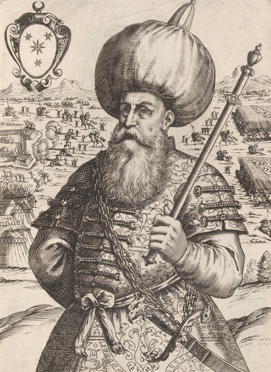 シナン・バッサ、キャップ。 マウメット・インペ軍の将軍。 トルコ人、1596年。 作： ジャコモ・フランコ