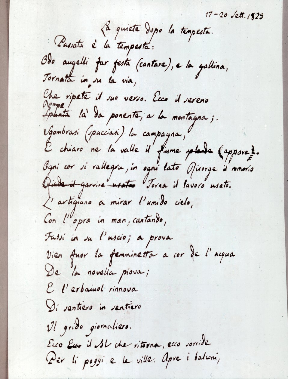 レオパルディの詩「嵐の後の静けさ」の原稿。1829年（資料） 作： ジャコモ・レオパルディ