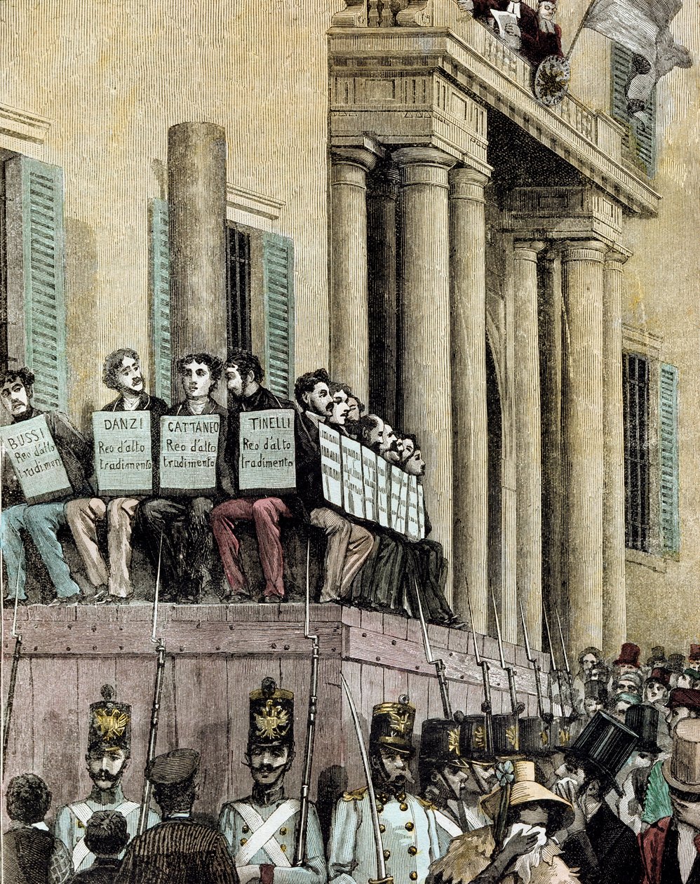リソルジメント。「ミラノの司法裁判所の前に座って、1848年に彼らを亡命させる判決を聞いているジョヴィネ・イタリア運動のメンバー（カルロ・カッタネオ（1801-1869）、ティネッリ、ダンツィ、ブッシなど）」 1884年 Mantegによるリトグラフ 作： ジャコモ・マンテガッツァ