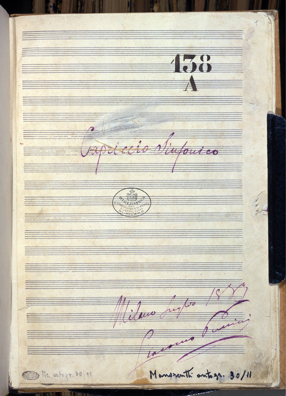 作曲家ジャコモ・プッチーニ（1858-1924）が1883年に作曲した「Cappriccio sinfonico（交響的奇想曲）」の手稿楽譜。ミラノのジュゼッペ・ヴェルディ音楽院の図書館 作： ジャコモ・プッチーニ