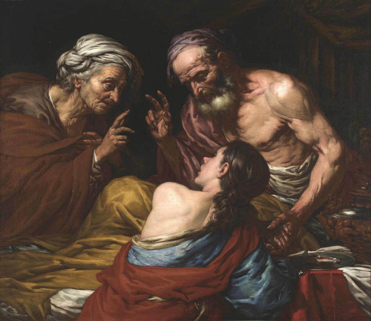 Isaac benit Jacob - ジェイコブを祝福するイサク、ランゲッティ作、ジョヴァン・バッティスタ (1635-1676)。 キャンバスに油彩、1660 年から 1670 年の間。寸法 : 109x126 cm。 Muzeul National Brukenthal, シビウ 作： ジャンバティスタ・ランゲッティ