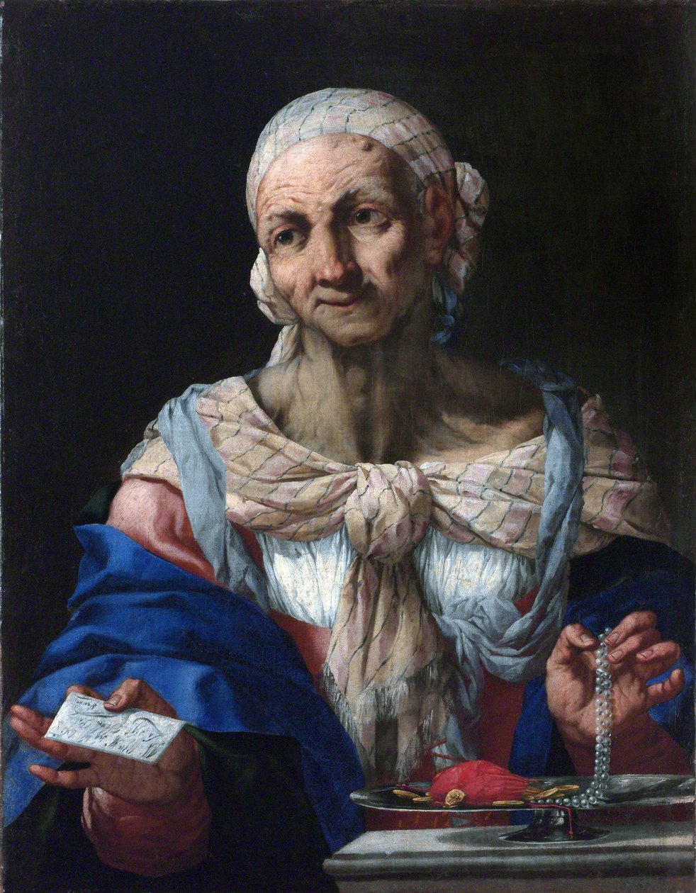 Vieille femme avec un collier de perles et une lettre (vanite) - 真珠の首飾りと手紙を持つ老女（ヴァニタス） - Giovan Battista Langetti (1635-1676).キャンバスに油彩、1663年頃プラハ、ナショナルギャラリー 作： ジャンバティスタ・ランゲッティ