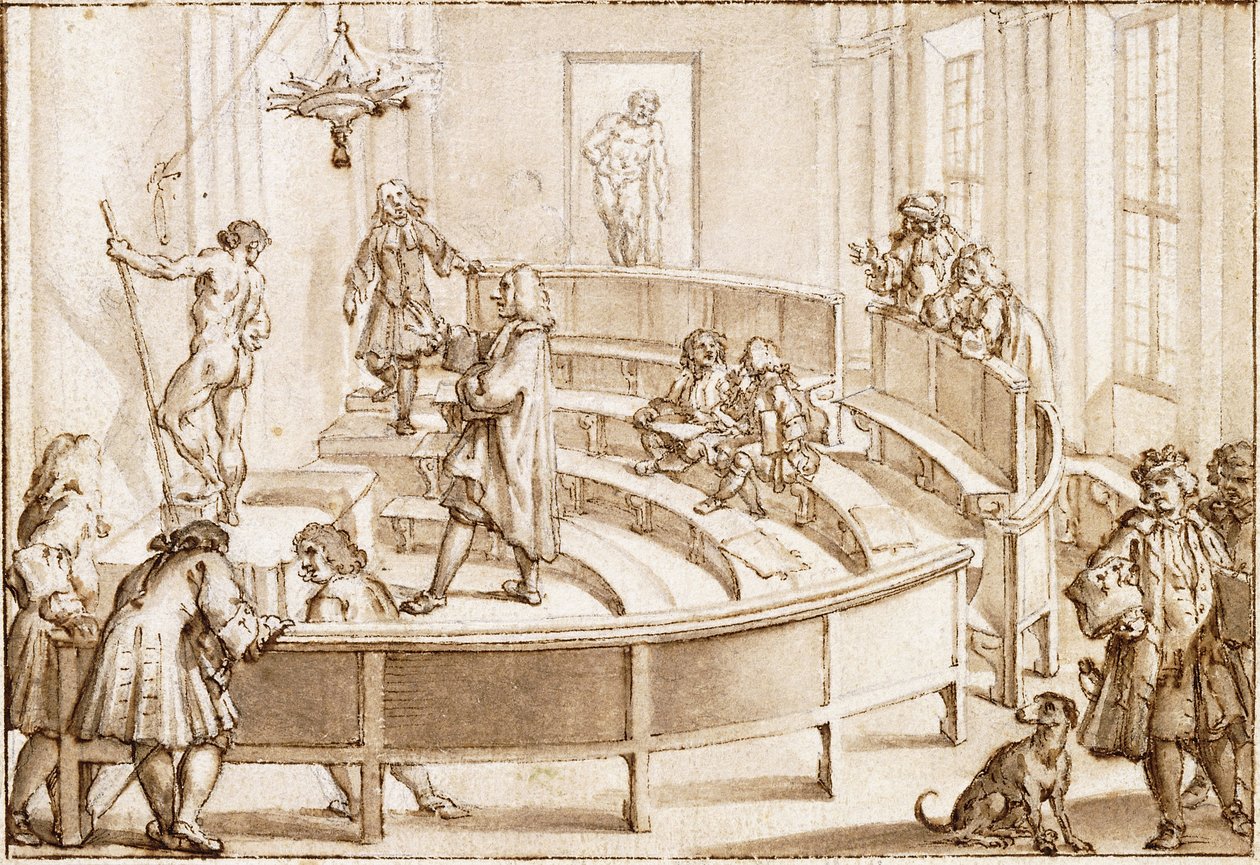 ボローニャのクレメンティーナ・アカデミーにて、デッサン教師にポーズを取らされる裸体と、その背後にファルネーゼのヘラクレス像（黒チョーク、ペン、茶色インクと茶色ウォッシュ） 作： 