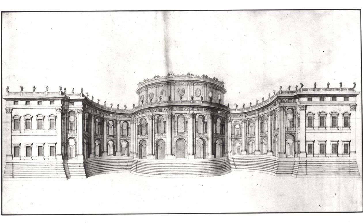 ルーヴル美術館の最初のプロジェクト、東ファサードの立面図、「Recueil du Louvre」の第1巻。 4、1664（ペンとインク、紙で洗う）（164014を参照） 作： ジャン・ロレンツォ・ベルニーニ