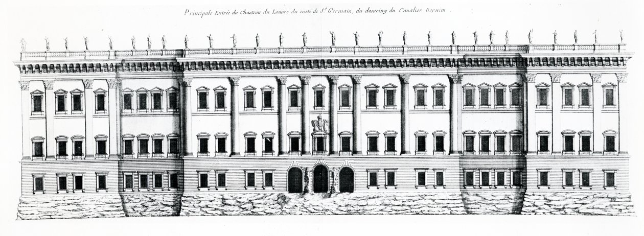 パリ、ルーブル宮殿の3番目のプロジェクト：1665年、サンジェルマン側から東ファサードの標高と宮殿への主要な入り口 作： ジャン・ロレンツォ・ベルニーニ
