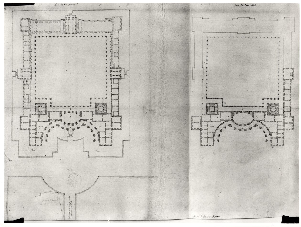 ルーヴル美術館の最初のプロジェクトの2つの計画、「Recueil du Louvre」、ボリュームI、第3巻、1664年（ペンとインク、紙の上で洗う）（164013を参照） 作： ジャン・ロレンツォ・ベルニーニ