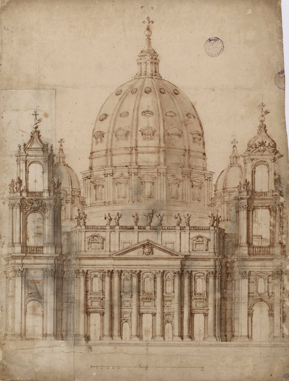 バチカン市国のサン・ピエトロ大聖堂のファサードの代替案 ベルニーニ、ジャンロレンツォ（1598-1680）。ペン、筆、水彩、墨、紙 作： ジャン・ロレンツォ・ベルニーニ