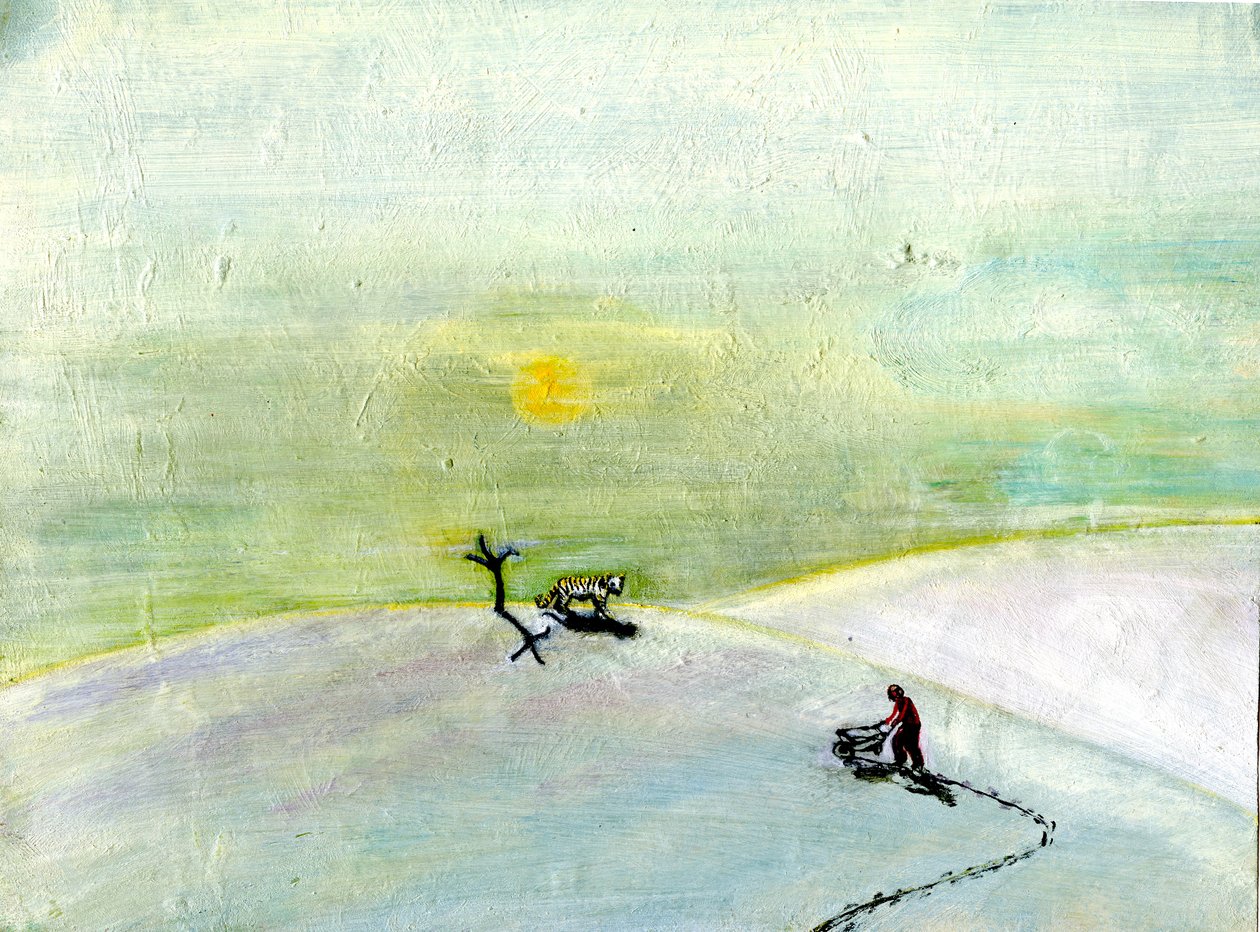 私の手押し車と雪の虎、2004、（紙に油彩） 作： ジジサドベリー