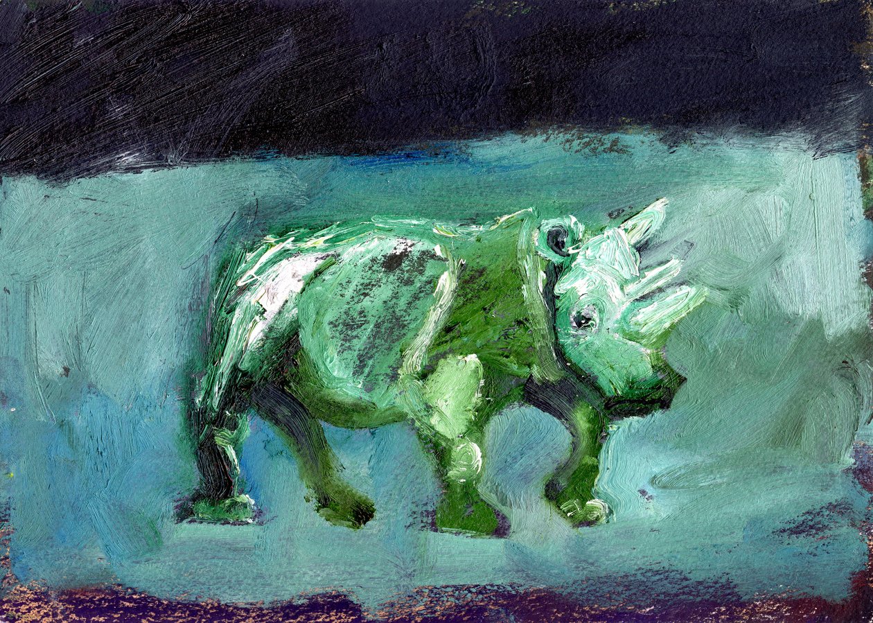 Rhinoceros、2002、（油彩、紙） 作： ジジサドベリー